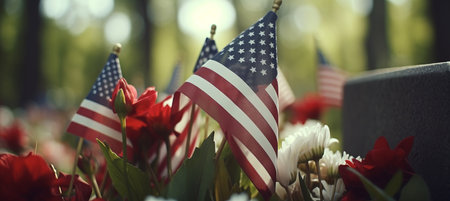 American flag at memorial day celebration in the usa with people paying tribute to fallen heroesの素材
