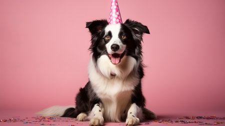 Cute dog in party hat celebrating birthday with falling confetti on pastel backgroundの素材