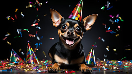 Joyful dog in party hat celebrating with falling confetti at birthday party on pastel backgroundの素材