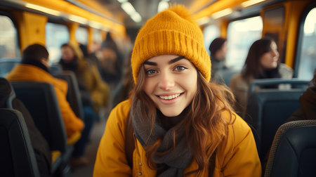 Happy young woman holding handle on public bus with vibrant colors and copy space for text placementの素材