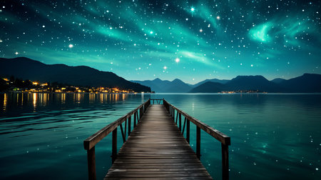 Tranquil lakeside scene at dusk with wooden dock, shimmering stars, and radiant full moonの素材