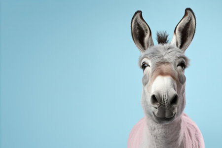 Styled and happy donkey on pastel background, isolated in studio for fashion shoot with text spaceの素材