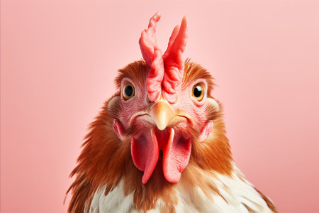 Happy chicken posed on solid pastel color background   studio fashion shot with copy spaceの素材