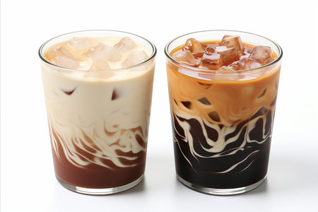 Set of black ice coffee and ice latte coffee with milk in tall glasses on white backgroundの素材