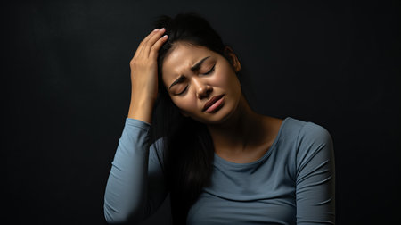 Beautiful woman with headache, isolated on gray backgroundExhausted girl portrait, studio shot.の素材