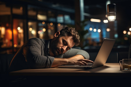 Tired office worker seeking respite from laptop work, battling headache and exhaustionの素材
