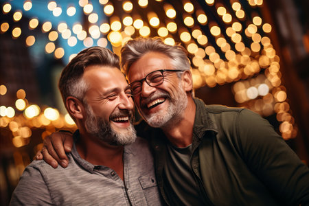Multigenerational bonding  adult hipster son happily hugging his old senior father at homeの素材