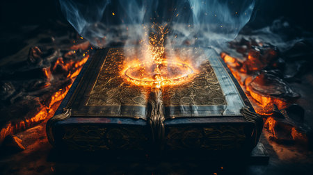 Enchanting and captivating magical illuminated ancient book resting on a weathered vintage tableの素材