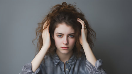 Portrait of a young beautiful woman suffering from a severe headache, isolated on a gray backgroundの素材