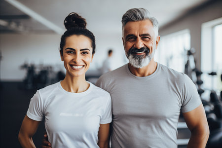Fit and energetic couple showing off muscles in gym with vibrant colors and copyspaceの素材