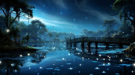 Tranquil lakeside at dusk with wooden dock, starry canopy, and radiant full moon glowの素材