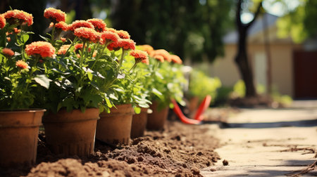Gardening tools and flowerpots in a sunny garden   essential kit for garden enthusiastsの素材