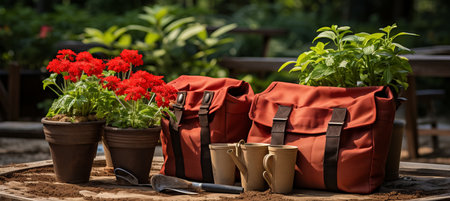 Colorful gardening tools and flowerpots in a sunlit garden, perfect for passionate gardenersの素材