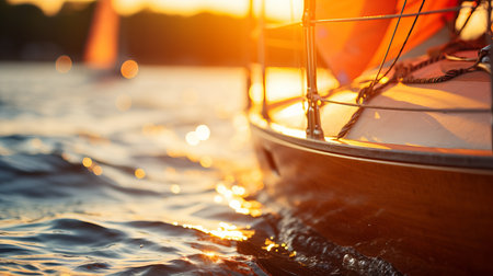 Idyllic yacht club marina with elegant sailboats and luxury yachts on sun drenched waterの素材