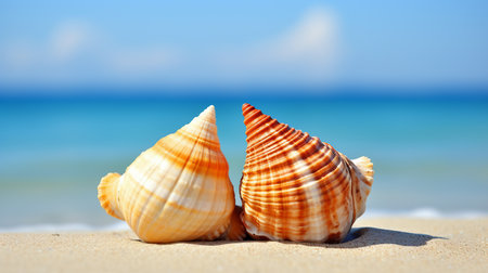 Serenity by the sea  seashells scattered on a sandy beach with a generous area for text placementの素材