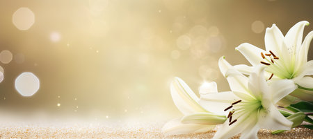 Elegant white lily blossom on isolated magical bokeh background with copy space for text placementの素材