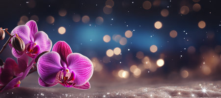 Pink orchid on isolated magical bokeh background, with two thirds copy space for text placement.の素材