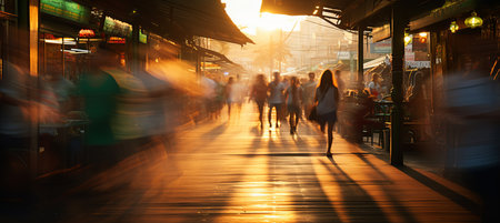 Blurred bokeh blending into vibrant food festival, showcasing tantalizing street food and drinksの素材