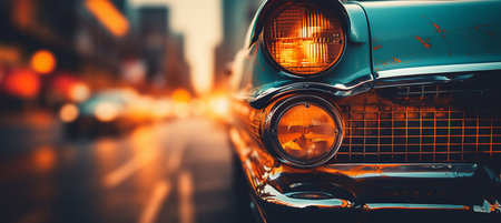 Vintage car headlights with dreamy blurred bokeh effect of vibrant sunset in the backgroundの素材