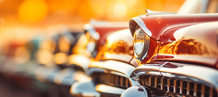 Vintage car headlights with captivating sunset bokeh and dreamy blurred effect   close up shotの素材