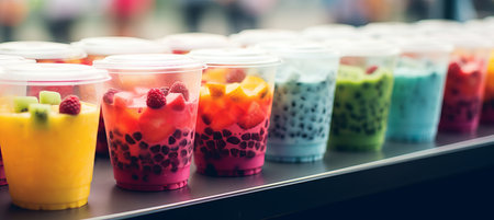 Radiant blurred bokeh background with iced beverages and snacks on sunlit outdoor patioの素材