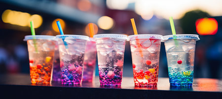 Radiant bokeh background with refreshing iced beverages and appetizing snacks on sunlit patioの素材