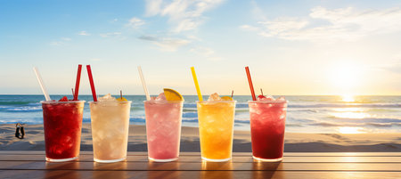 Radiant bokeh background with refreshing iced beverages and snacks on sunlit outdoor patioの素材