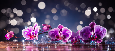 Graceful pink orchid on right with magical bokeh background and ample text space on leftの素材
