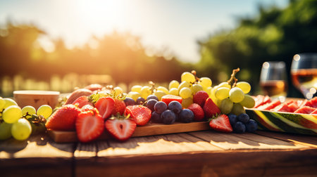 Vibrant bokeh backdrop with a bountiful picnic spread of finger foods and sparkling beveragesの素材