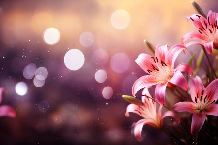 Beautiful pink lily on isolated magical bokeh background with copy space for text placementの素材