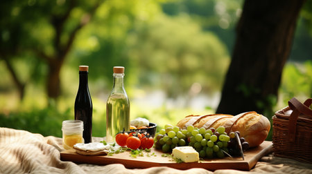 Festive bokeh backdrop with a bountiful picnic spread of finger foods and sparkling beveragesの素材