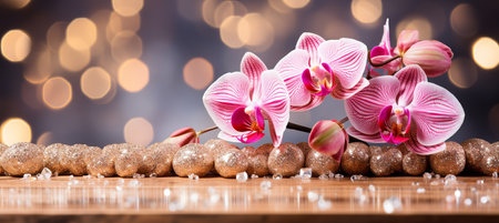 Pink orchid on right side with magical bokeh background and spacious text placement on leftの素材