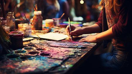 Vibrant and creative oil color painter s working place set with art supplies and brushesの素材