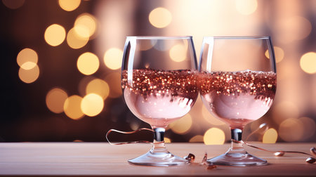 Close up of festive pink champagne glasses with bokeh lights and sparkling backgroundの素材