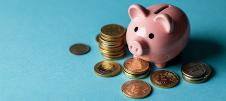 Pink piggy bank with gold coins on blue background   investment failure and bankruptcy conceptの素材