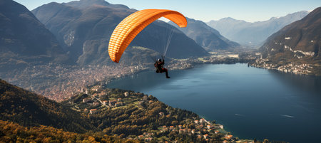 Experience the exhilaration of paragliding in the stunning alps on a bright and sunny summer dayの素材
