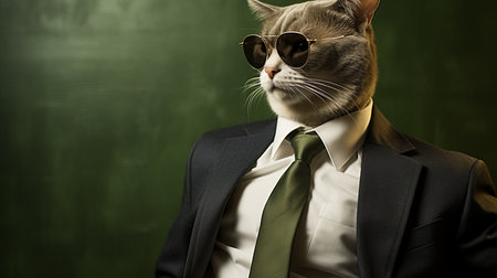 Cool cat in stylish sunglasses and suit with tie on green background, copy space on leftの素材