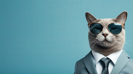 Sleek cat in sunglasses and a suit, isolated on blue background with copy space on left sideの素材