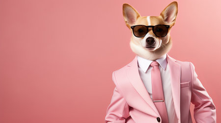 Suave dog in sunglasses and suit, isolated on pink background with left side text spaceの素材