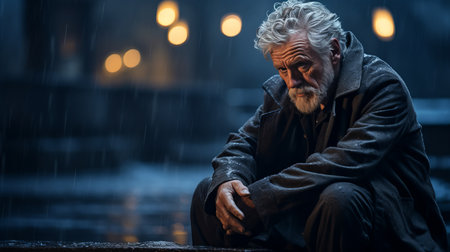 Desperate homeless elderly man suffering in city park  poverty, hunger, and misery in winterの素材