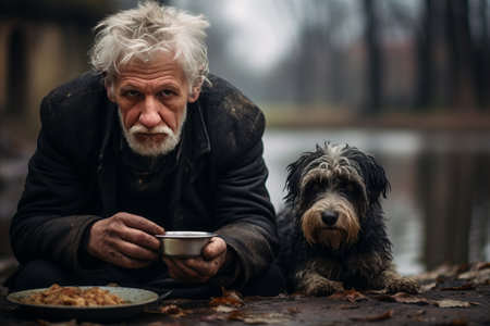 Desperate homeless man sitting on ground in city park, expressing poverty and hunger in winterの素材