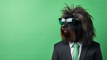 Sunglasses wearing dog in a suit and tie, isolated on green background with text space on the leftの素材