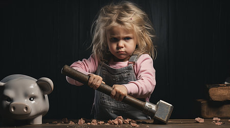 Devastated girl breaks a cute piggy bank into countless fragments using a heavy hammerの素材