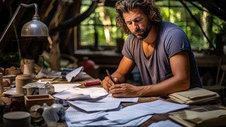 Stressed man in financial crisis calculating debt, overwhelmed by expenses, contemplating bankruptcyの素材
