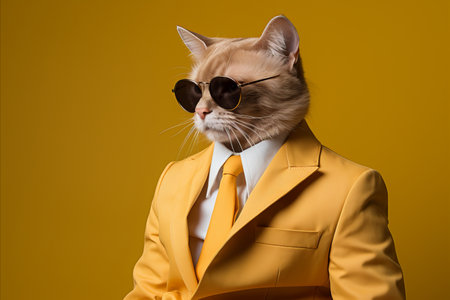 Cool cat in stylish suit and sunglasses on yellow background with space for text placementの素材