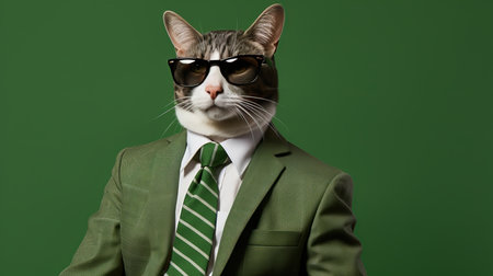 Stylish cat in sunglasses and suit with tie, isolated on green background with left sided text spaceの素材