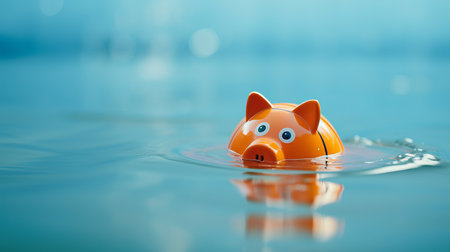 Submerged piggy bank representing debt, bankruptcy, and financial loss in a conceptual imageの素材