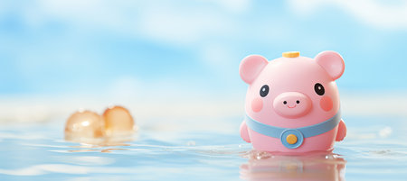 Pink piggy bank half submerged in blue water     debt, bankruptcy, and financial loss conceptの素材