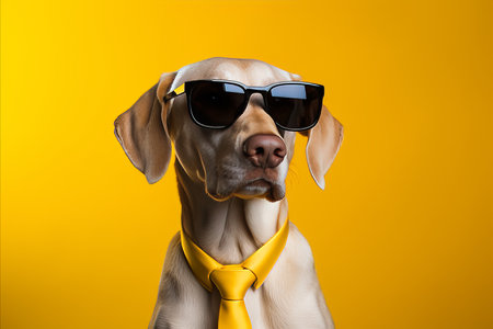 dapper dog in sunglasses and suit, isolated on yellow background with copy space on leftの素材
