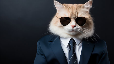 Cool cat in stylish shades and dapper suit with tie, isolated on blue background for text placementの素材